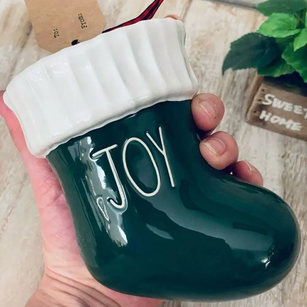 NWT Gorgeous Rae Dunn JOY Green Ceramic Christmas Santa Boot Bootie Stocking